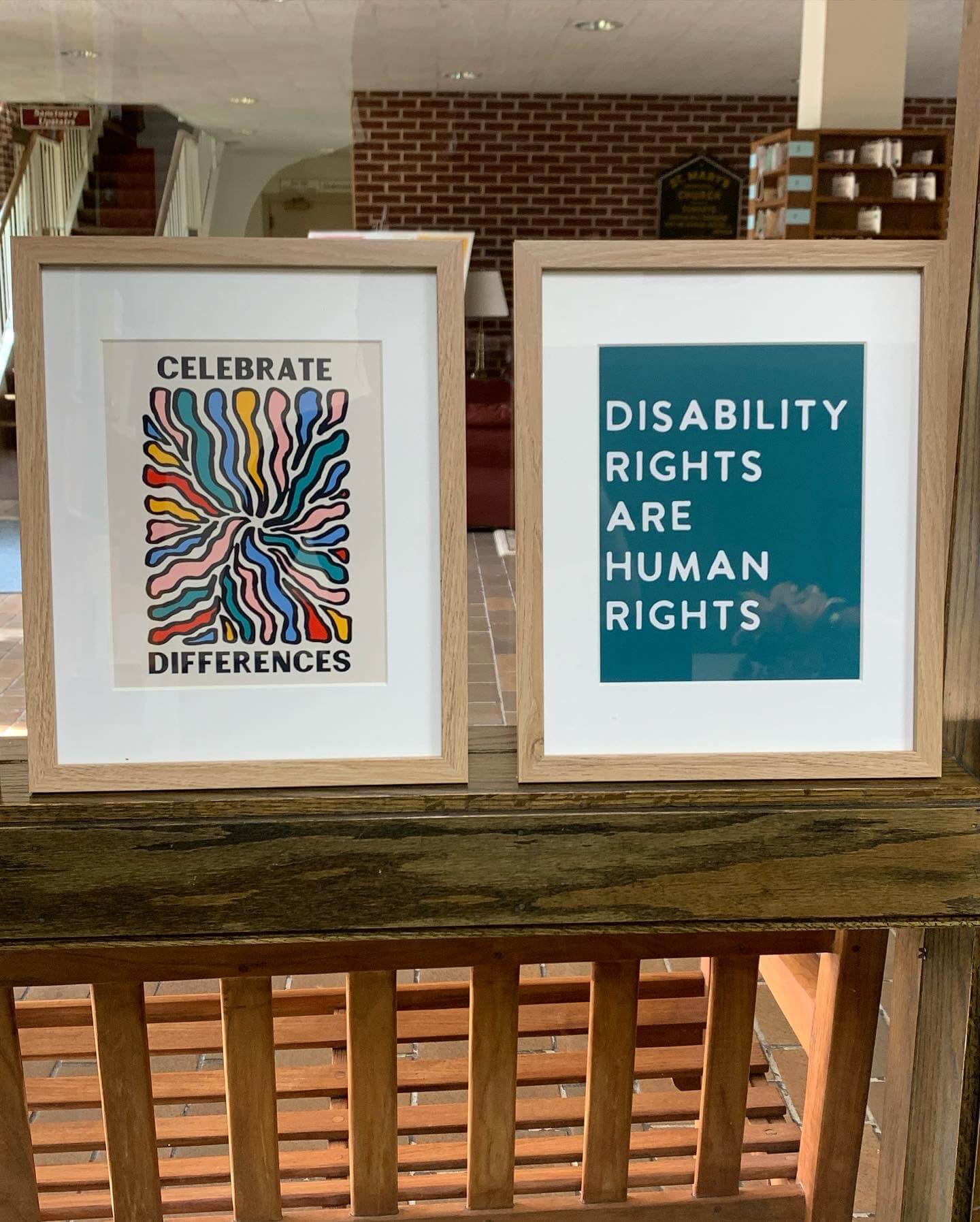 Two framed posters: Celebrate Differences, and Disability Rights Are Human Rights